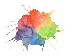 A multicolored watercolor spot with streaks, isolated splashes on a white background, hand-drawn. A banner for design, celebration, decoration, labels, advertising. Rainbow colors, watercolor splash.
