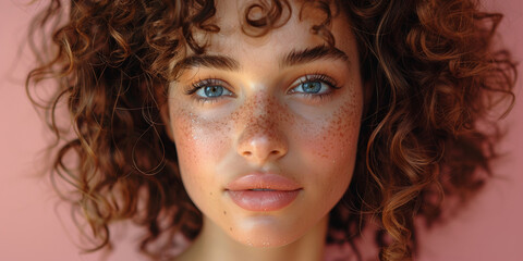 A bright portrait of a calm and natural young woman with freckles and attractive features. - obrazy, fototapety, plakaty
