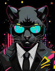 Digital illustration of a black panther dressed in a suit with modern pop art style sunglasses, interior design, wall art decoration