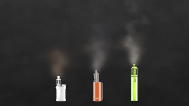 Electronic cigarettes of different models release smoke on dark background. Animated futage about smoking
