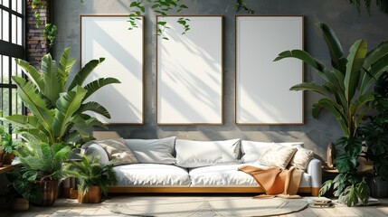 Blank poster mock up on wall of bedroom, 3D illustration background