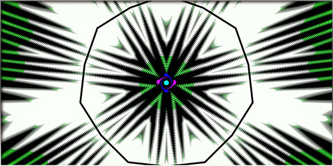 Abstract, symmetrical design, featuring radiating black-and-white lines creating a kaleidoscopic effect, within a border