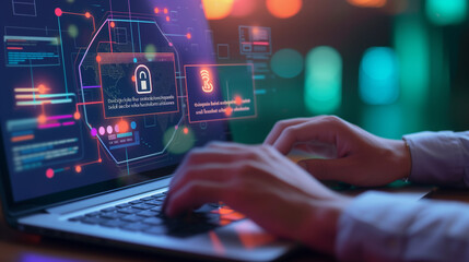 Professional Working on Laptop with Cybersecurity Interface and Data Encryption Graphics