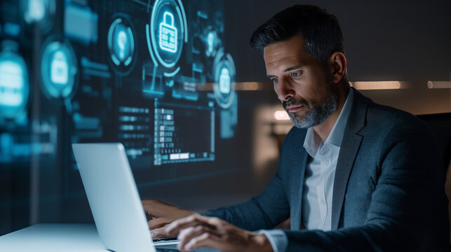 Focused Businessman Analyzing Cybersecurity Data on Laptop with Virtual Interface