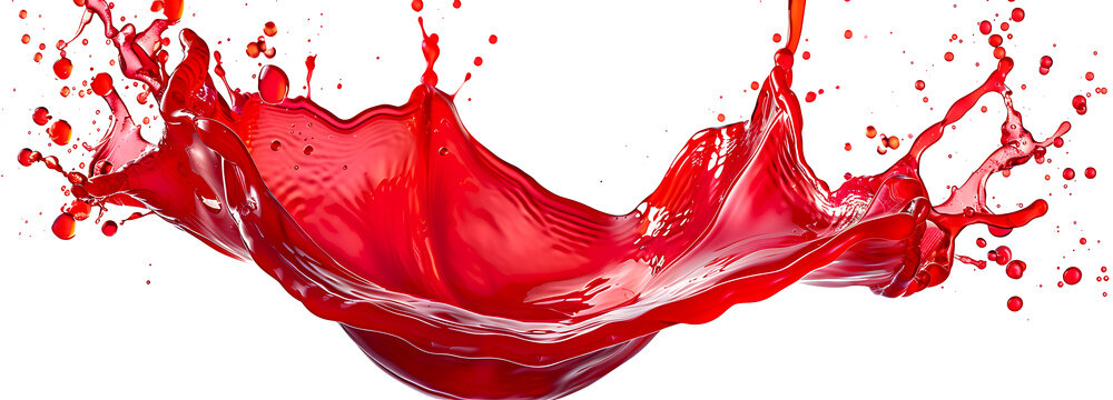Vibrant and energetic splash of a red liquid similar to red berry jam, syrup, juice or punch, cut out. PNG