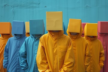 People with colorful boxes on heads
