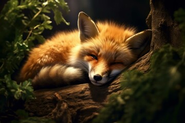 Naklejka premium Furry Sleeping wild fox. Canine carnivore. Generate Ai