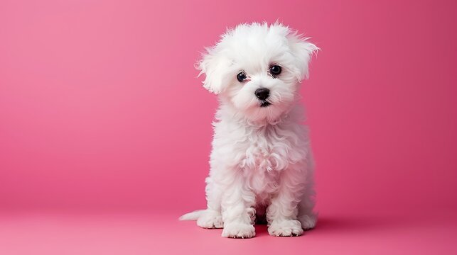 Bichon Frise cross puppy sat up on a pink mottled background