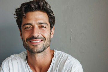Fototapeta premium A man with a beard is smiling and wearing a white shirt