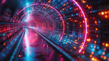 abstract tunnel with neon lights. Futuristic background. 3d rendering.