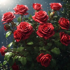 Bush of red roses in the night rain