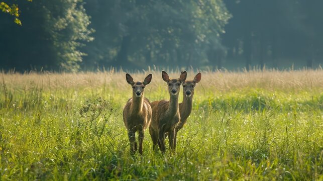 European roe deer herd in the green field.