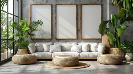 3D render, 3D illustration of a mock up poster frame in hipster interior style, in the style of a Scandinavian interior