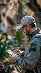 A park ranger using a rugged tablet to record wildlife sightings and habitat conditions, close-up on the device showing detailed entry forms