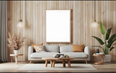 Frame mockup, ISO wide frame. luxury Living room wall poster mockup. Interior mockup with house background. Modern interior design. 3D render	