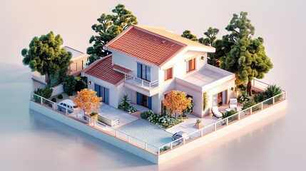 A rendering of a three-story house with a garage and cars in the bottom level, a living room and kitchen on the second level, and a bedroom and bathroom on the third level.

 - obrazy, fototapety, plakaty