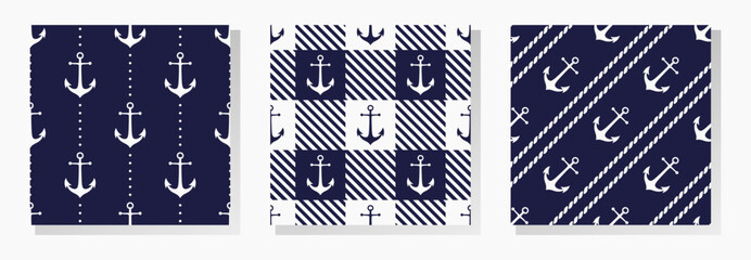 White anchors on dark blue background. Vector seamless patterns collection.