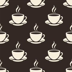 White coffee cups on brown background. Vector seamless pattern.