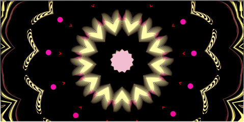 A symmetrical pattern with a central star-like figure dominates the composition, surrounded by various geometric shapes and vibrant pink and red accents on a black background.