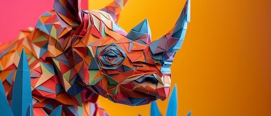 A close-up of a colorful origami rhinoceros made from different colored paper pieces.