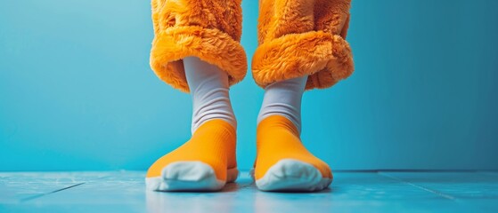 Close-up of a standing person wearing bright orange fuzzy socks and fluffy furry orange pants legs. - obrazy, fototapety, plakaty