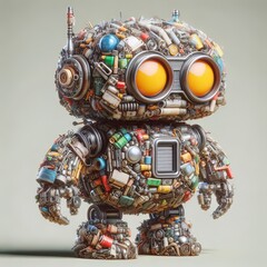 Creative Robot Character Made of Colorful Recycled Plastic Waste and Electronic Components