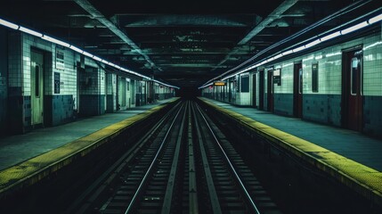 Empty subway platform with tracks extending into the darkness, signifying urban decay and neglect. - obrazy, fototapety, plakaty