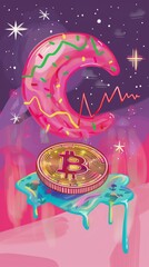 Surreal Bitcoin with Donut in Cosmic Setting - obrazy, fototapety, plakaty