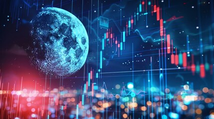 Moon and Stock Market Charts Digital Composition - obrazy, fototapety, plakaty
