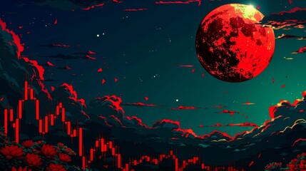 Red Moon Over Candlestick Charts Illustration - obrazy, fototapety, plakaty