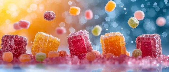 Candy sweets gummies, glossy confectionery with water beads, commercial quality image, candy sweets gummies commercial. © TEERAPONG