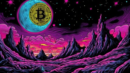 Bitcoin Dominance in Surreal Extraterrestrial Landscape - obrazy, fototapety, plakaty