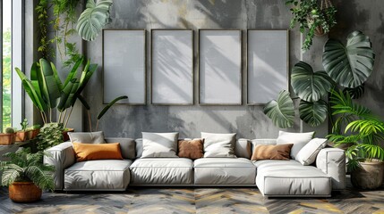 An illustration of a poster frame with a modern interior background, a Scandinavian living room, a boho living room, a modern interior background, and in 3D