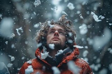 Man in snow looking upwards
