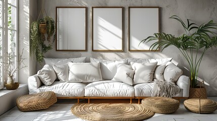 A mockup poster frame with a modern interior background, living room, Scandinavian style, a 3D render or 3D illustration.