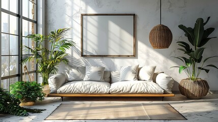 This is a mock up poster frame in modern interior background with a Scandinavian style living room, rendered in 3D.