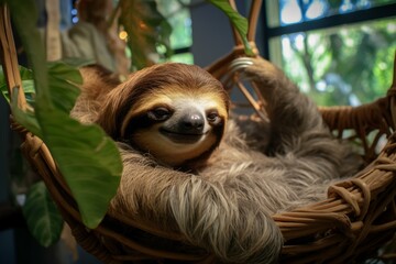 Fototapeta premium Peaceful Sloth resting in hammock. Cute lazy animal sleeping in canvas cord hanging bed. Generate ai