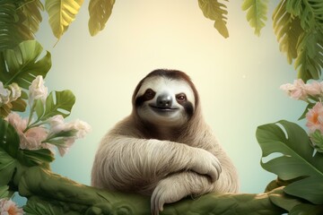 Fototapeta premium Curious Sloth animal funny. Face wild smile. Generate Ai