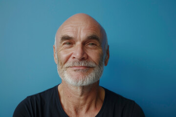 Obraz premium A bald man with a beard is smiling in front of a blue wall