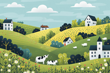 Summer Village Landscape. Drawing in a geometric style of houses, hills and grazing sheep in a meadow - obrazy, fototapety, plakaty