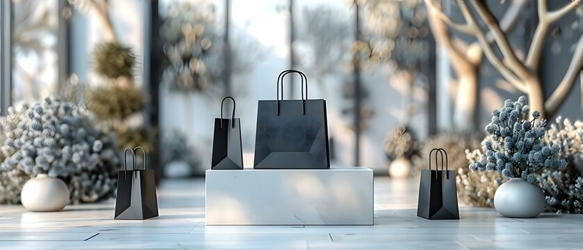 Chic Black Friday Podium with Shopping Bags Amidst Winter Decor. Concept Black Friday Sales, Winter Decor, Shopping Bags, Podium Display, Chic Promotion
