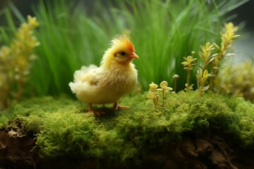 Obraz premium Gentle Little chicken green grass. Farm bird. Generate Ai