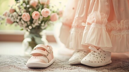 Fototapeta na wymiar Child shoes and dress for first birthday