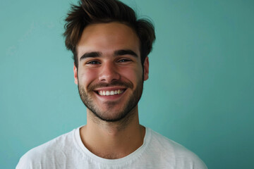 Obraz premium A man with a beard is smiling and wearing a white shirt