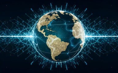 Digital world globe centered on USA, concept of global network and connectivity on Earth, data transfer and cyber technology, information exchange and international telecommunication, stock photo