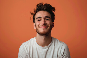 A young man with a beard is smiling for the camera