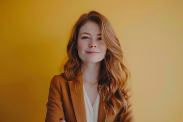 A woman with red hair is smiling in front of a yellow wall
