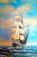 Watercolor paintings sea landscape, sailing ship in the sea, fine art, artwork
