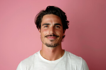 Obraz premium A man with a beard is smiling in front of a pink background