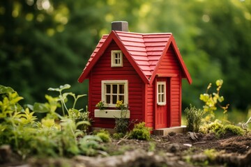 Quaint Small red wooden house in sun light. Country view tourism swedish rustic style. Generate Ai